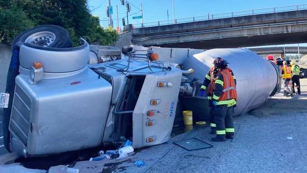 Rolled-over cement truck on I-5 in Seattle causes huge backups