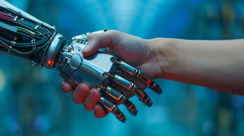Robot hand shaking with a human: a symbol of future business cooperation. Combining artificial intelligence and human touch for technological evolution.
